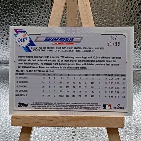 2021 Topps Chrome BEN BALLER #157 Walker Buehler Green Refractor Serial 51/99 - Picture 4 of 6